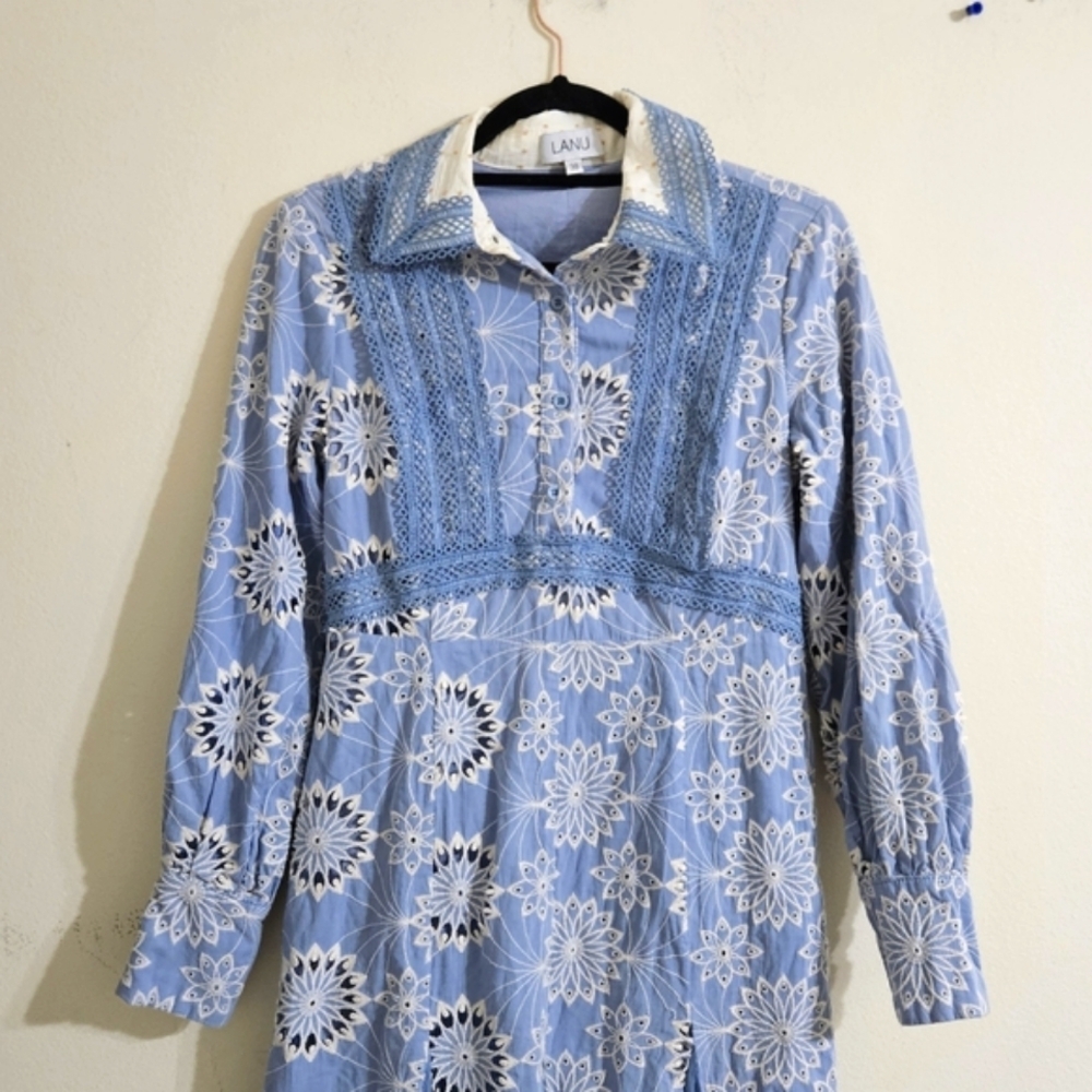 Light Blue Long Sleeve Lace-Inset Midi Dress - Picture 5 of 7